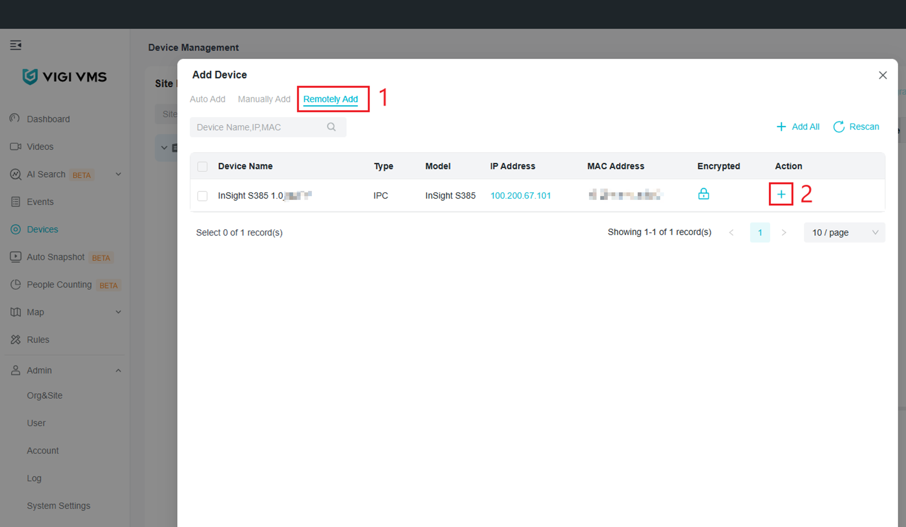 VIGI Local VMS Remotely Add page showing a discovered remote VIGI camera