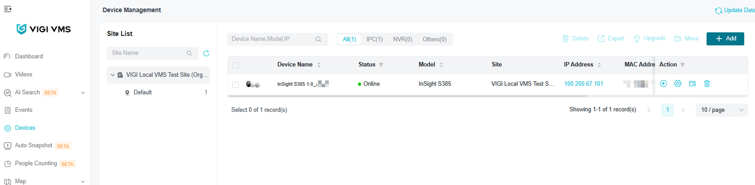VIGI Local VMS Devices page showing the remotely added VIGI camera