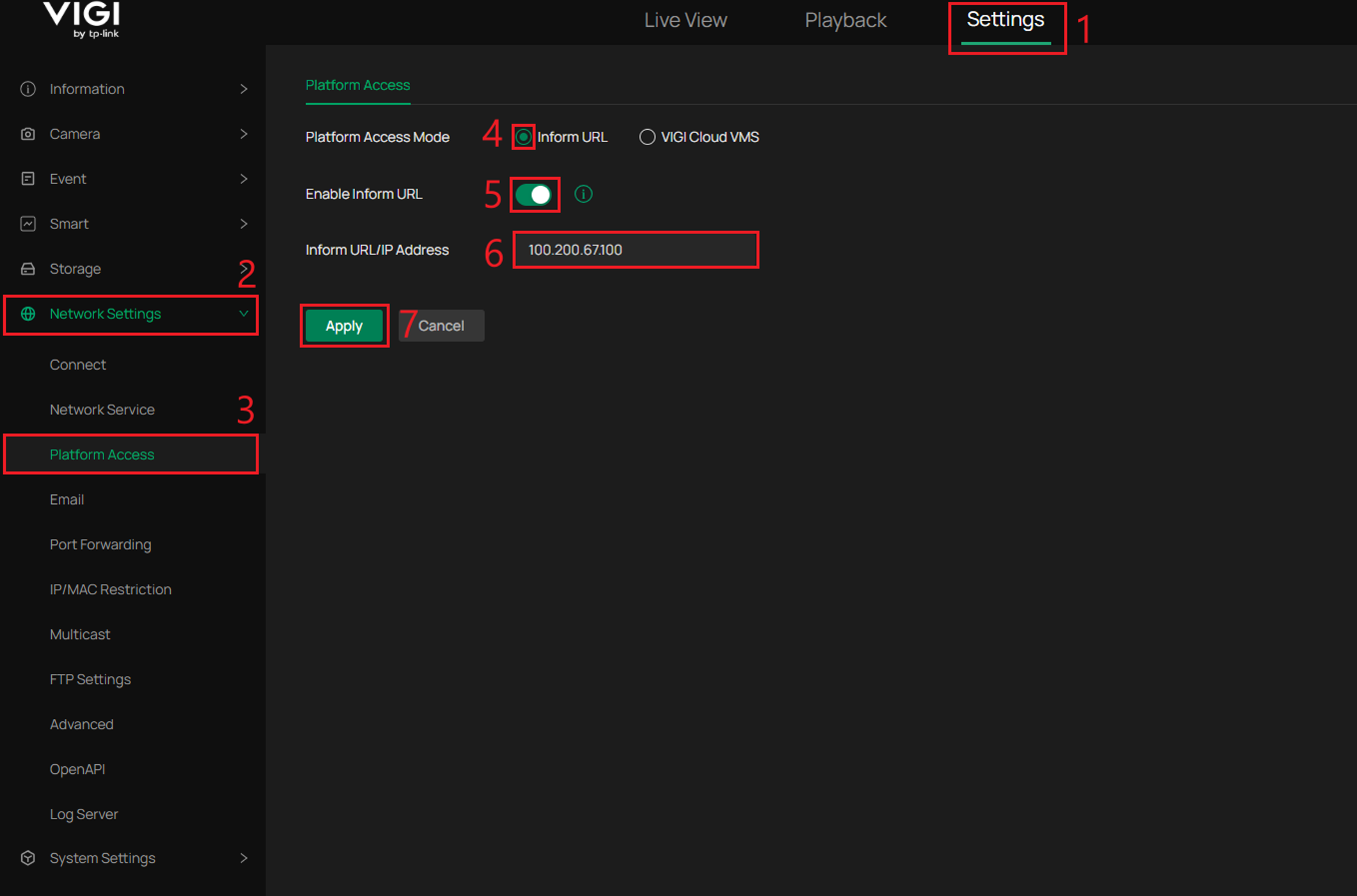 VIGI camera Platform Access page showing Inform URL enabled and the Inform URL address