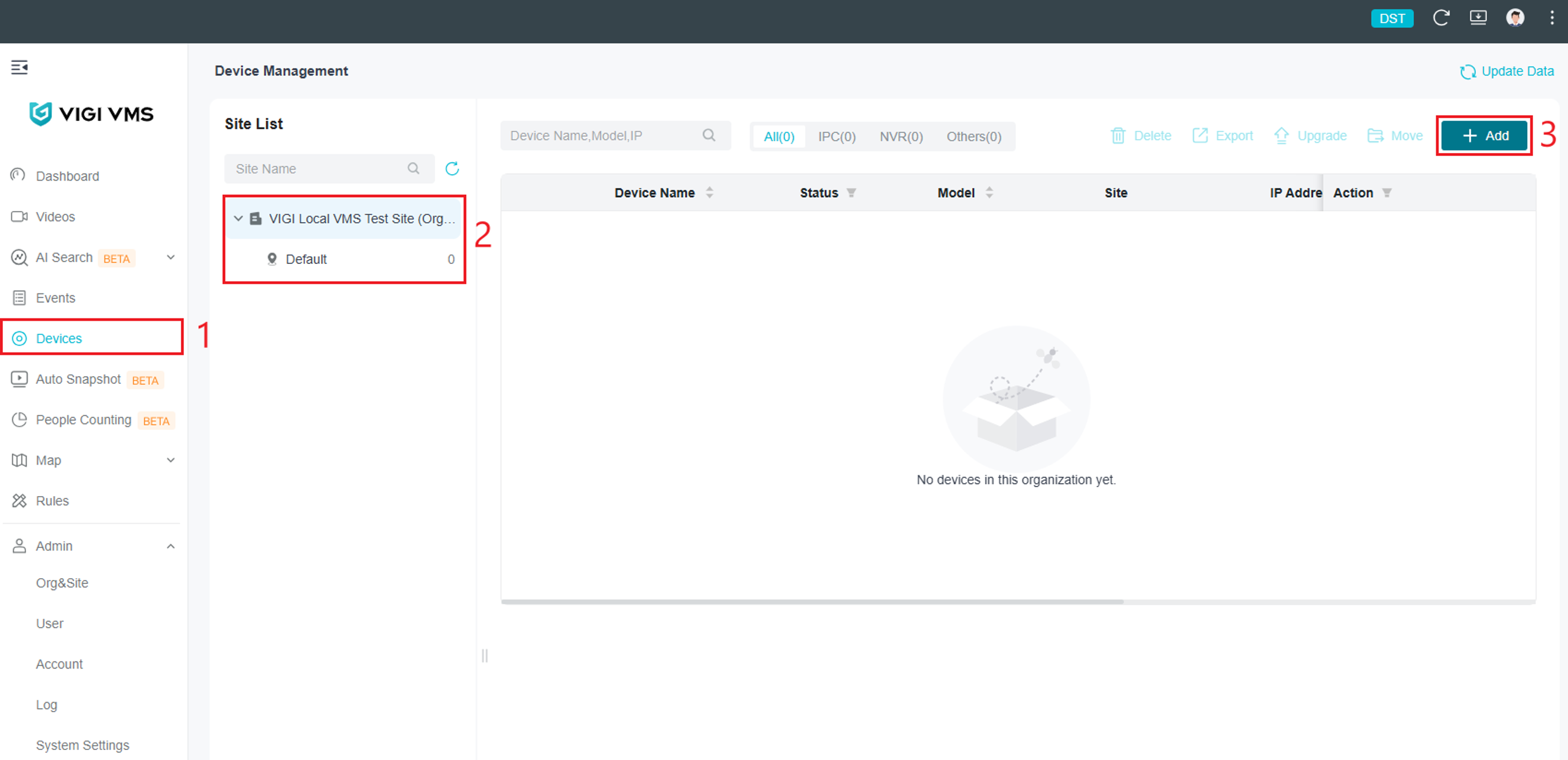 VIGI Local VMS Devices page showing the selected site and Add button