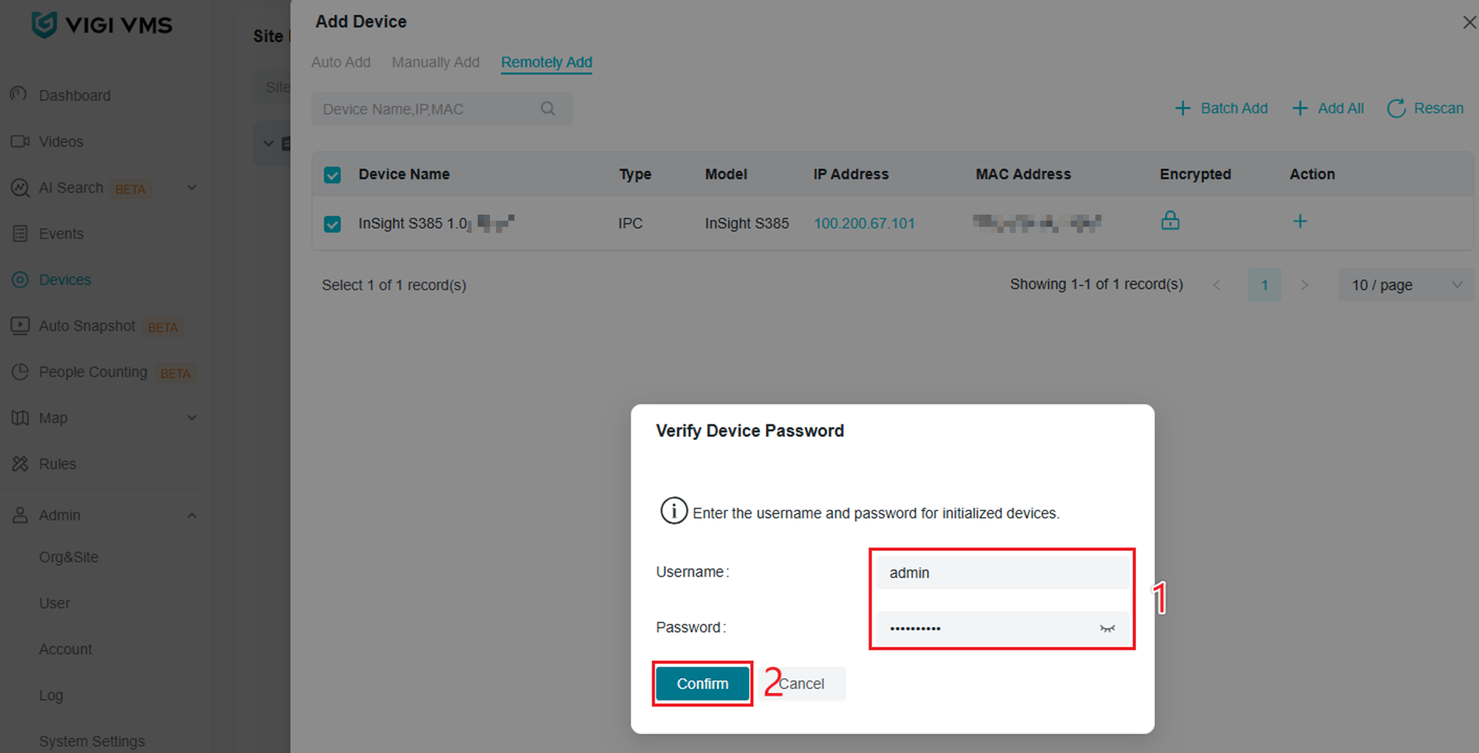 VIGI Local VMS Verify Device Password window for a device added using Inform URL