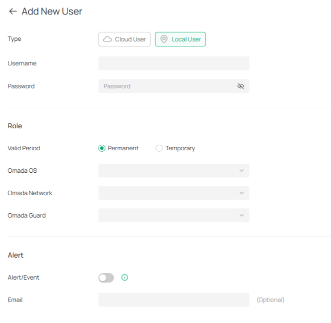 Add New User page showing Local User account creation settings and role assignment options.