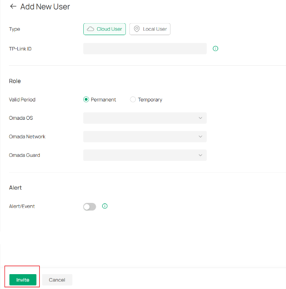 Add New User page showing the exact location of the invitation button.