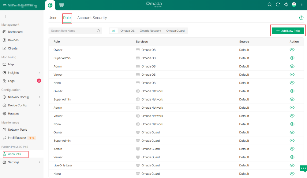 Add New Role page showing custom permission settings for Omada OS, Omada Network, and Omada Guard.