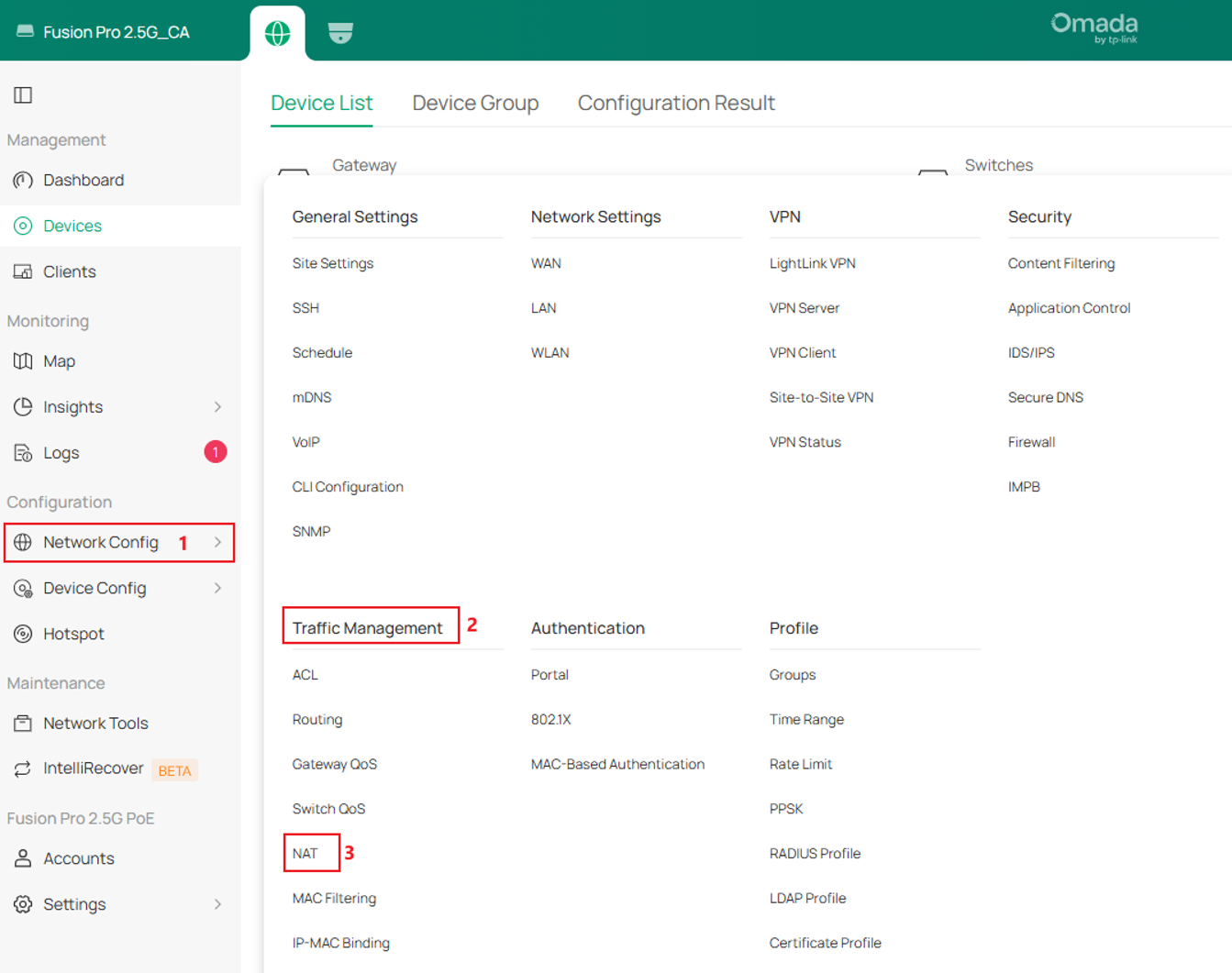 Network Config menu in the Omada Controller with Traffic Management and NAT highlighted