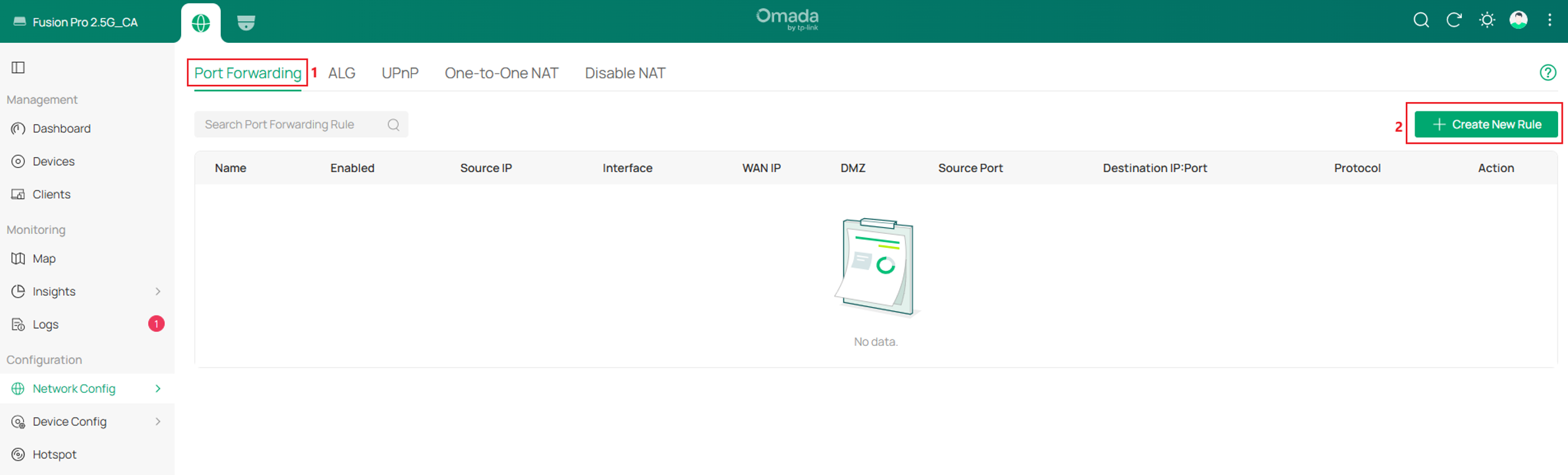 Port Forwarding tab of the NAT page with the Create New Rule button in the toolbar