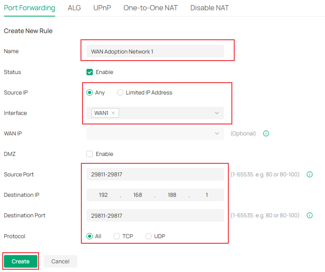 Create New Rule form with the name, interface and port range filled in