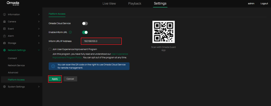Controller Inform URL setting on the WAN-side surveillance device with the WAN address of the Fusion Gateway entered