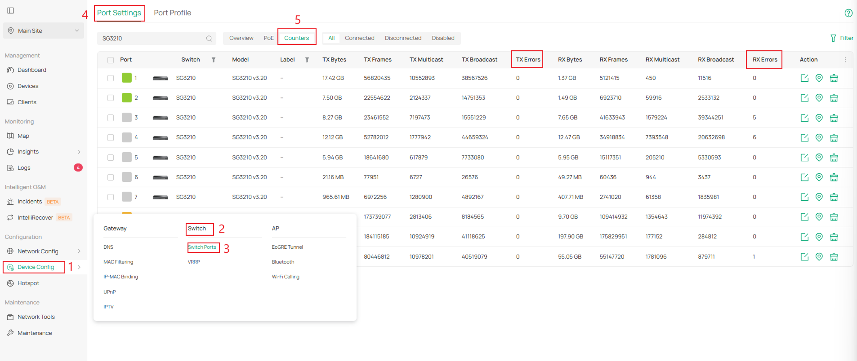 Switch counters on Omada UI.