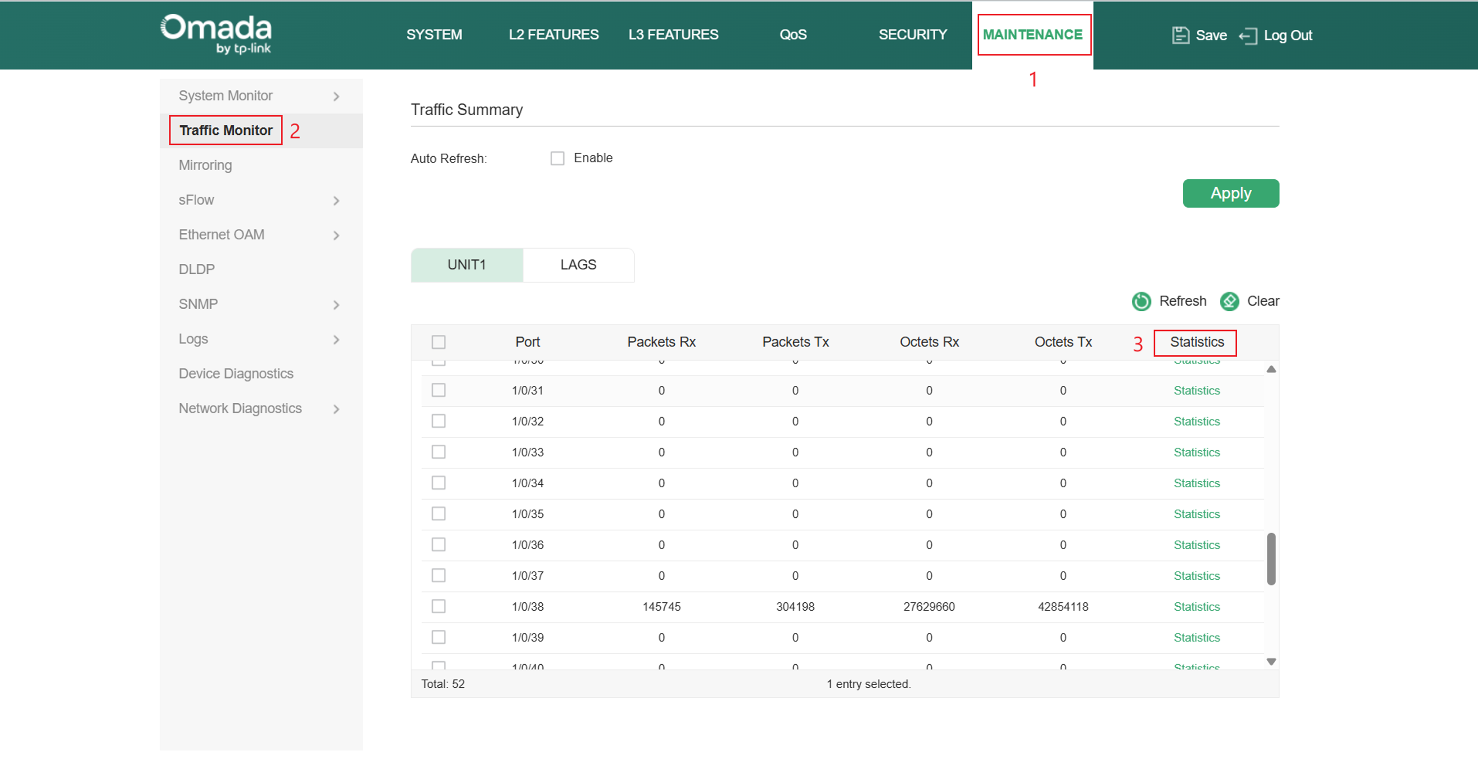 Navigate to Traffic Monitor to see current statistics of ports.