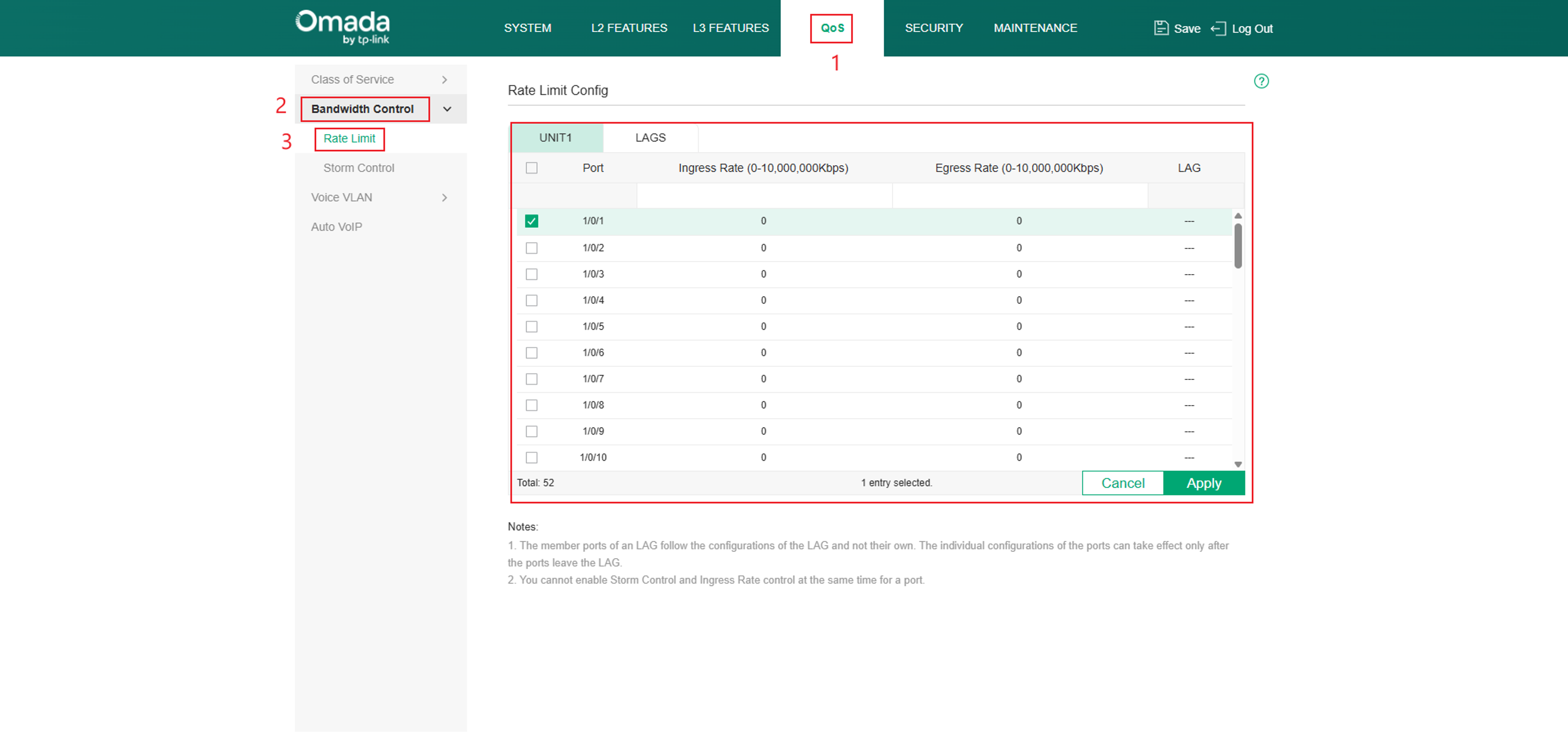 Inspect the ingress and egress limits to see if there are any.