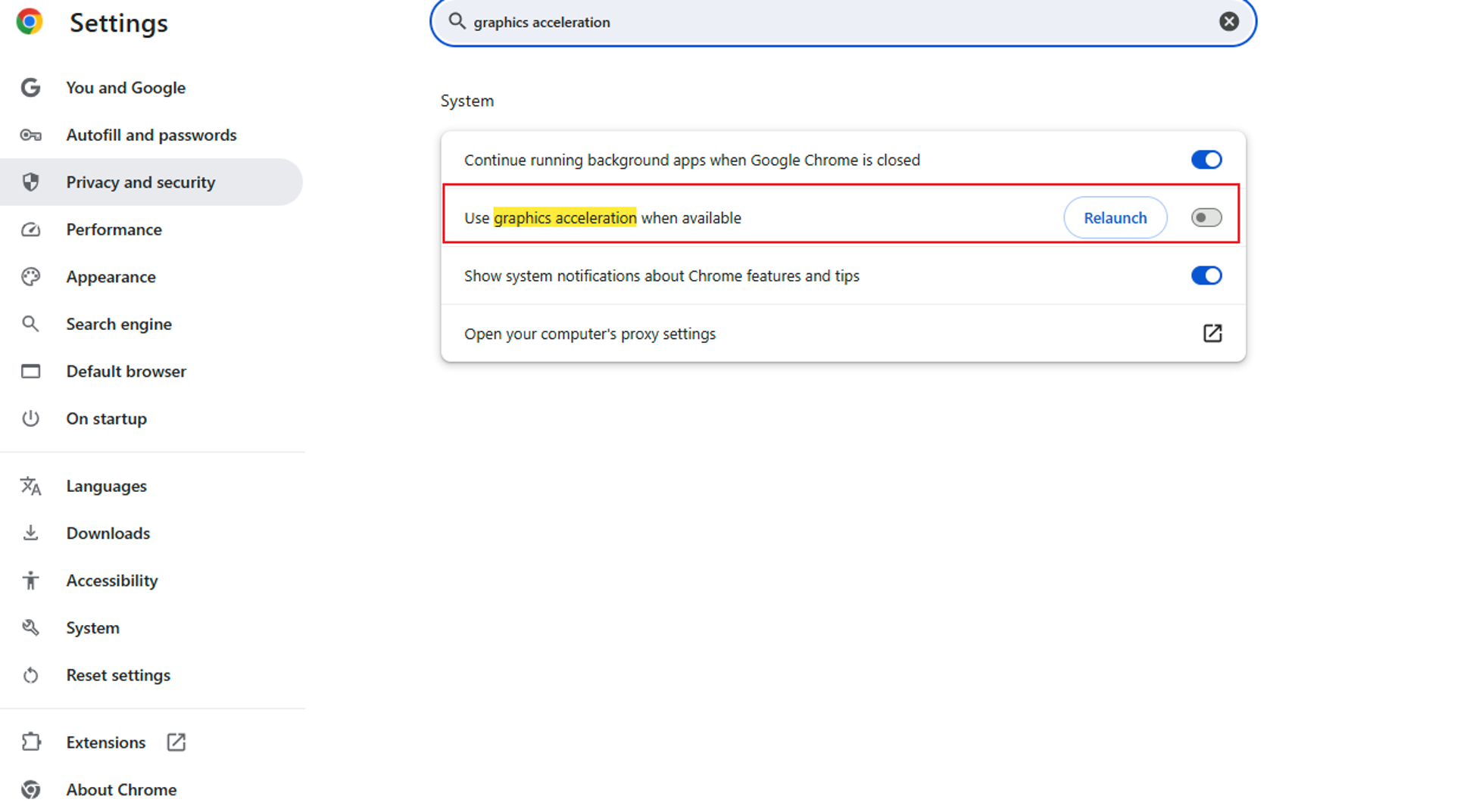 Chrome System settings showing the "Use graphics acceleration when available" option enabled