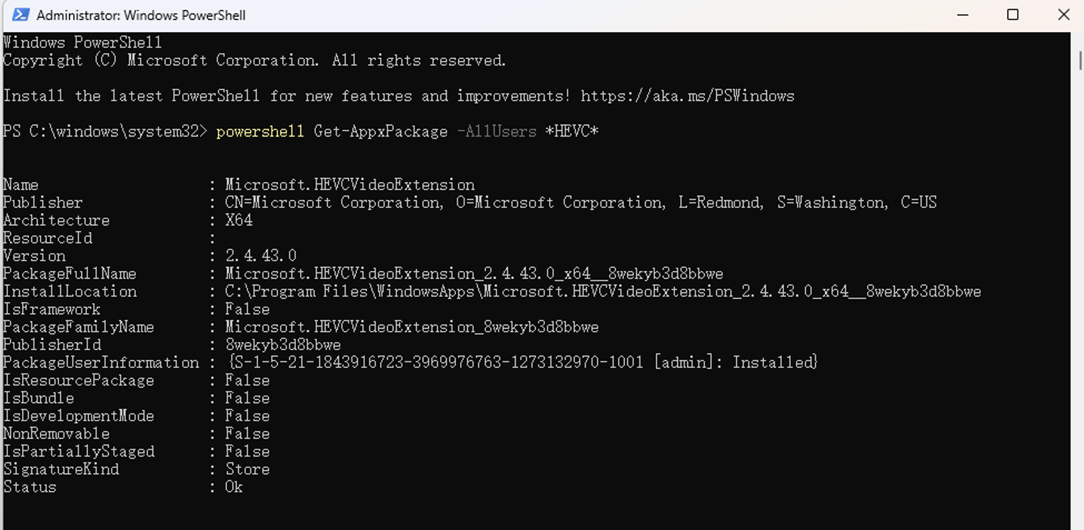 PowerShell displaying successful HEVC Video Extension package details and installation status in Windows