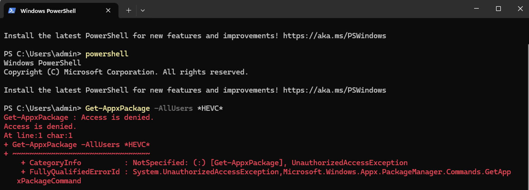 Windows PowerShell showing HEVC package installation error: Get-AppPackage access denied for HEVC extension