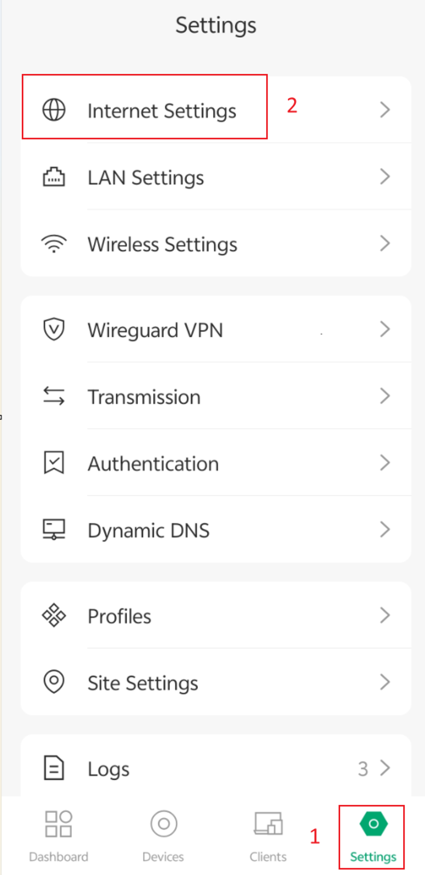 Omada app Settings page showing Internet Settings menu location and navigation path.