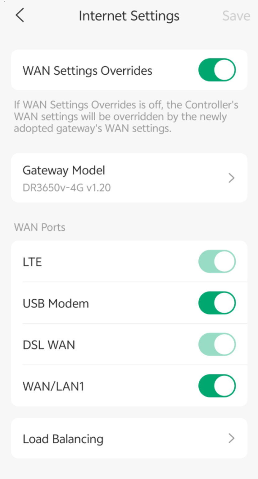 Internet Settings page listing available WAN interfaces and port status switches.