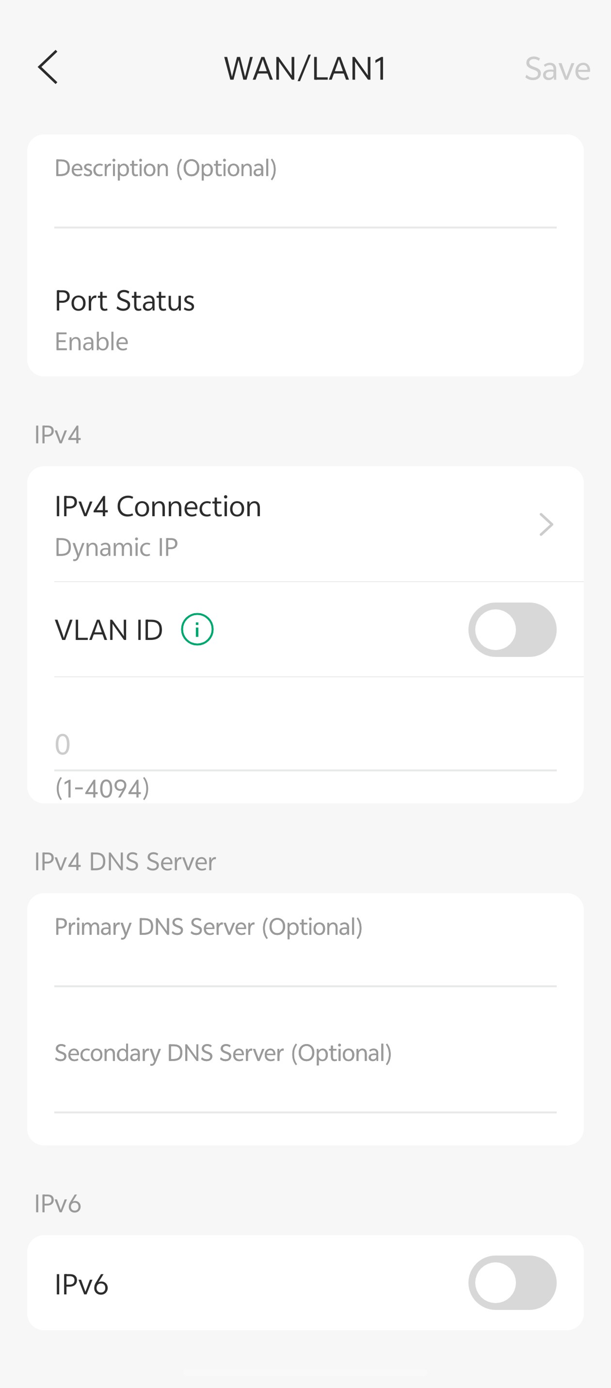 Omada WAN/LAN1 interface settings page showing IPv4 Dynamic IP, VLAN ID, DNS fields, and IPv6 options.