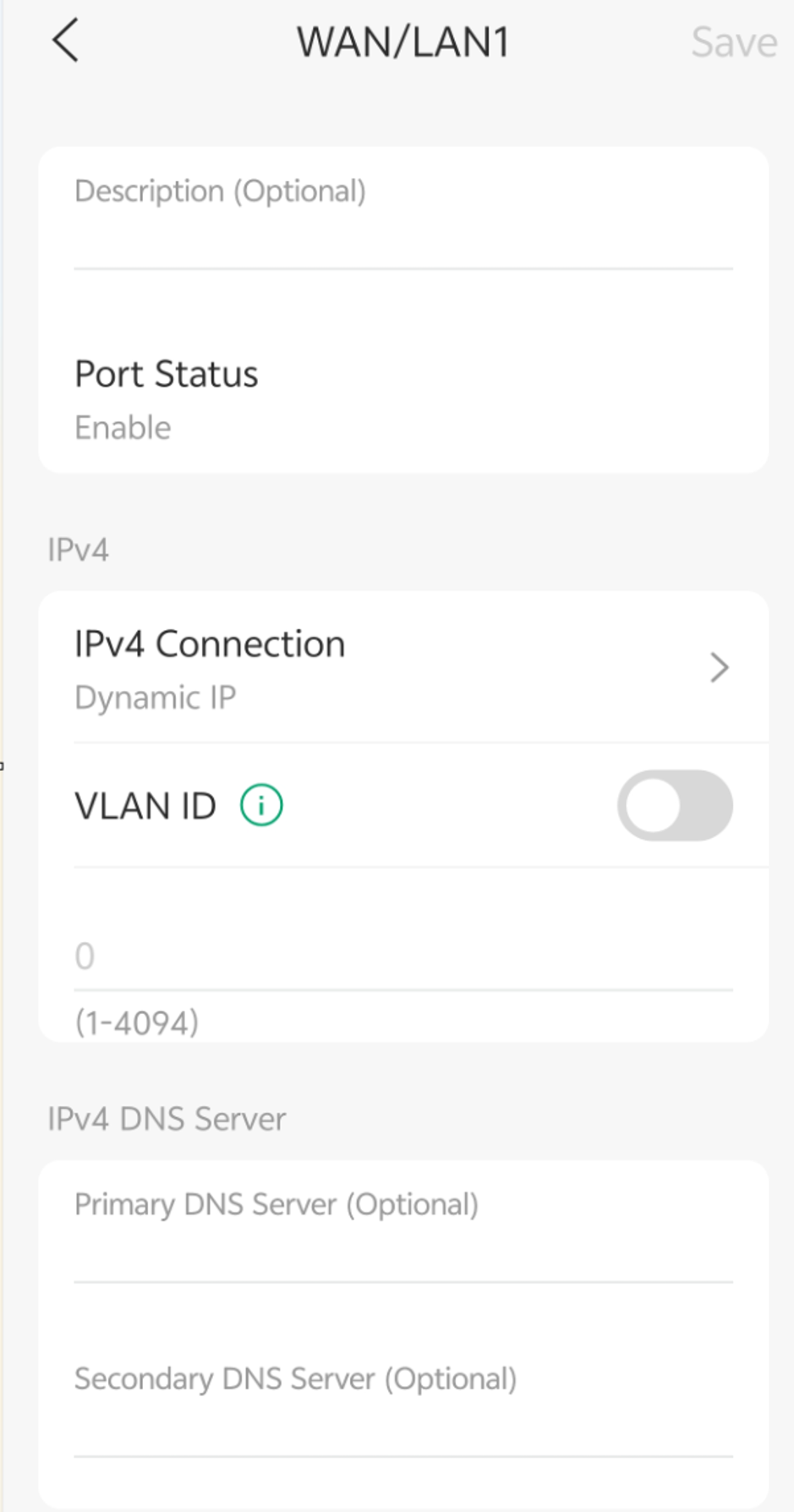 WAN interface configured for Dynamic IP with VLAN ID and IPv4 DNS server settings