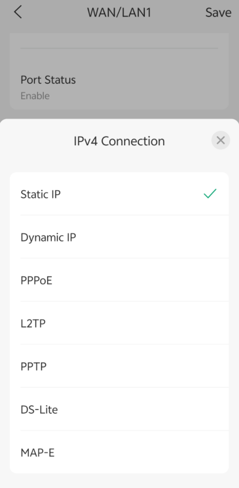 IPv4 Connection selection menu with Static IP highlighted among available connection types.