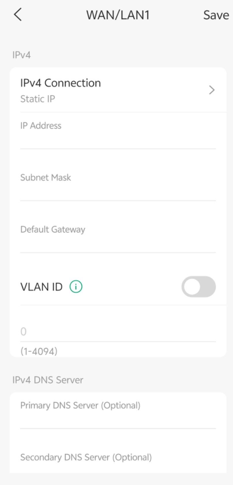 WAN interface configured for Static IP with address, gateway, VLAN ID, and DNS settings.