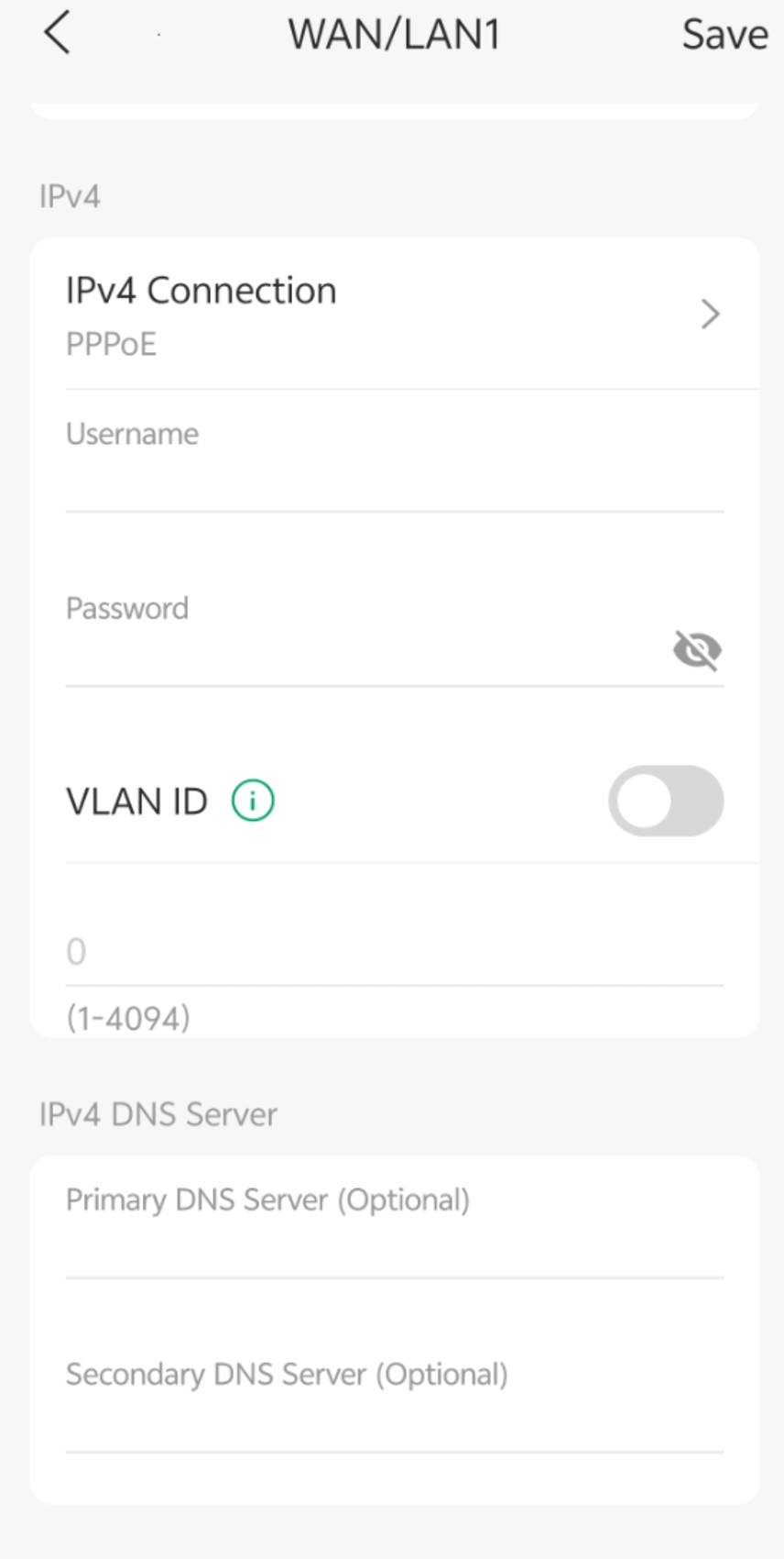 WAN interface configured for PPPoE with username, password, VLAN ID, and DNS settings.