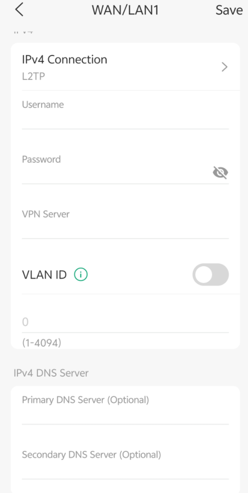 L2TP WAN configuration page showing VPN server address, credentials, and DNS settings.