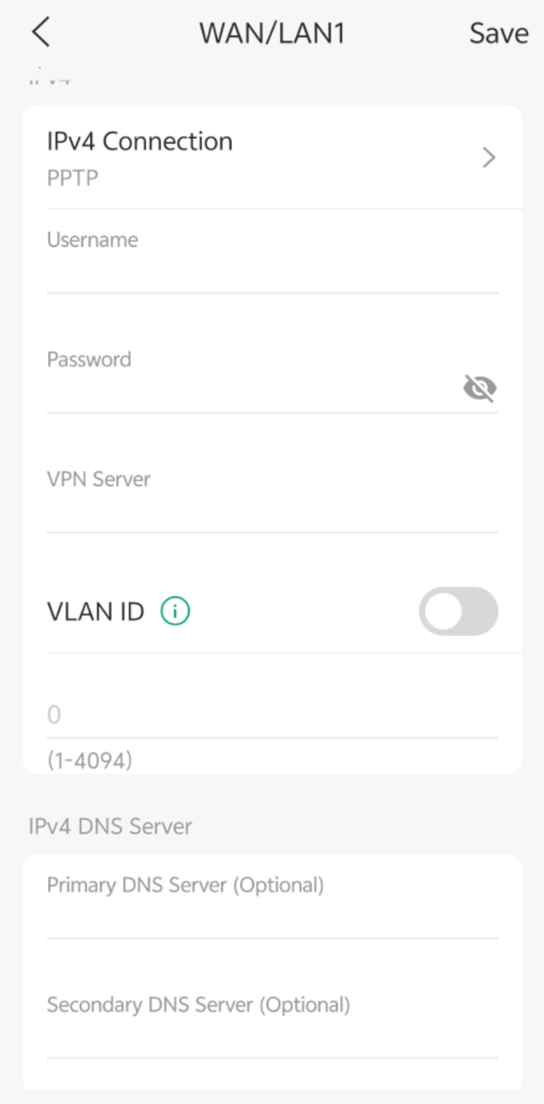 PPTP WAN configuration page showing VPN server address, credentials, and DNS settings.