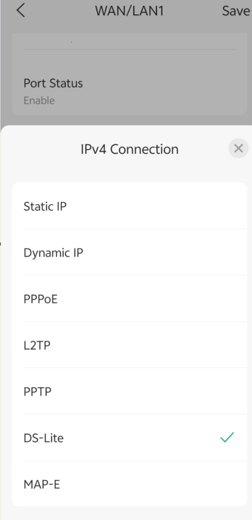 IPv4 Connection menu with DS-Lite selected and options for Dynamic IP, PPPoE, L2TP, PPTP, DS-Lite, and MAP-E.