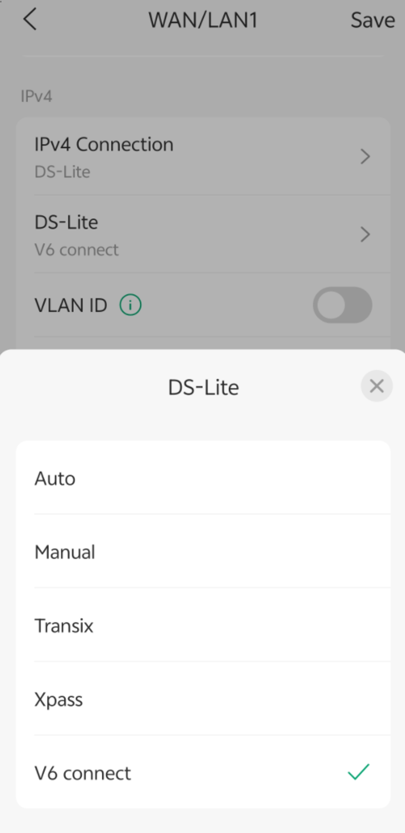 DS-Lite service profile options including Auto, Manual, Transix, Xpass, and V6 Connect.