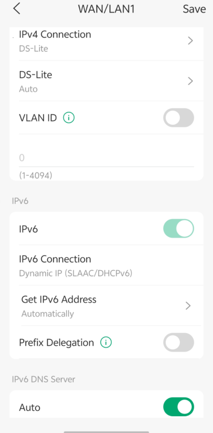 Configure DS-lite on the WAN port and customize VLAN ID and DNS server settings in the Omada App.