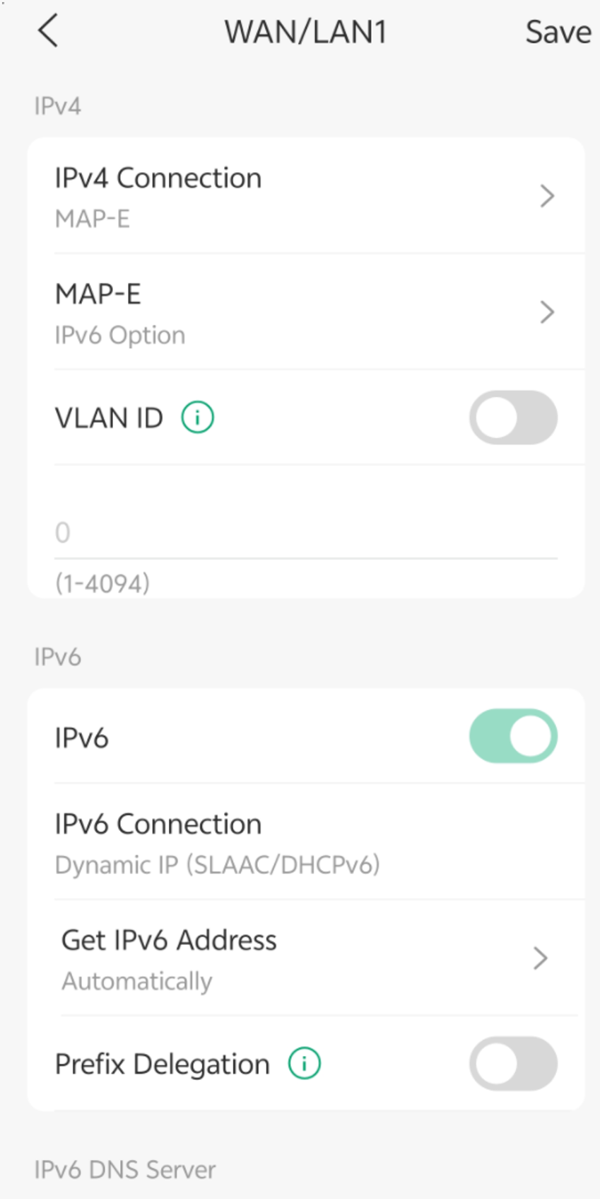 Configure MAP-E on the WAN port and customize VLAN ID and DNS server settings in the Omada App.