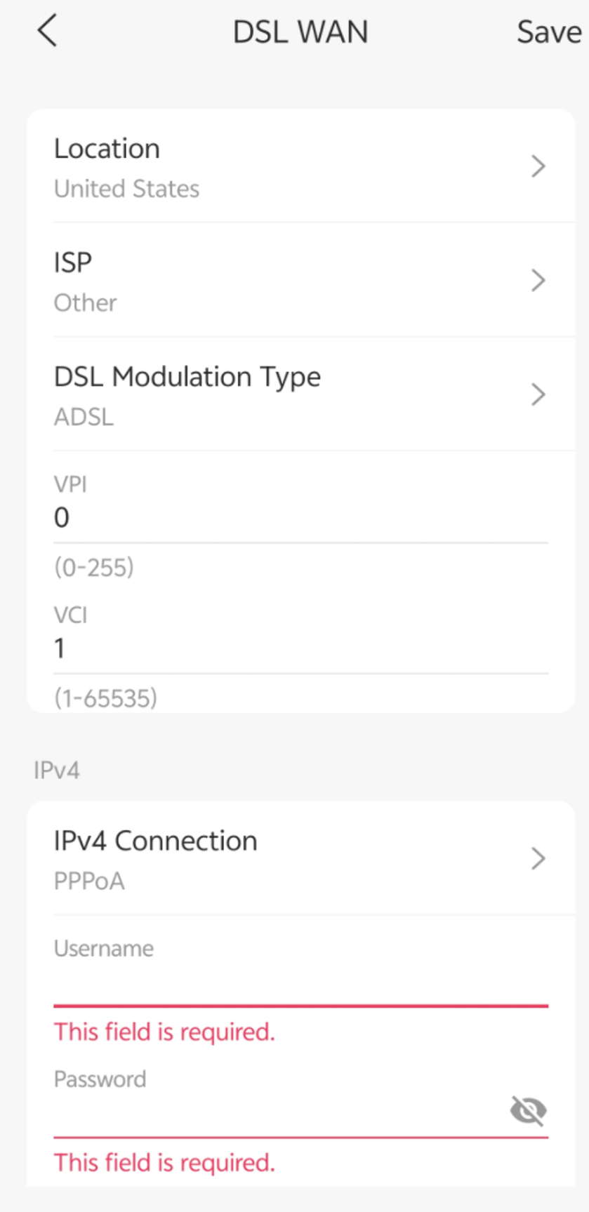 Configure PPPoA on the WAN port with ISP-provided DSL parameters, username, and password.