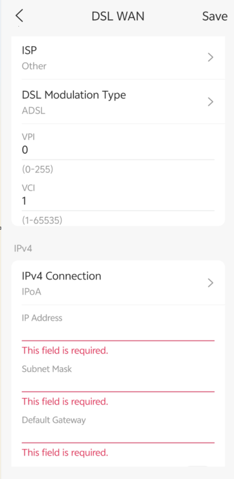 Configure IPoA on the WAN port with ISP-provided DSL and IP parameters.