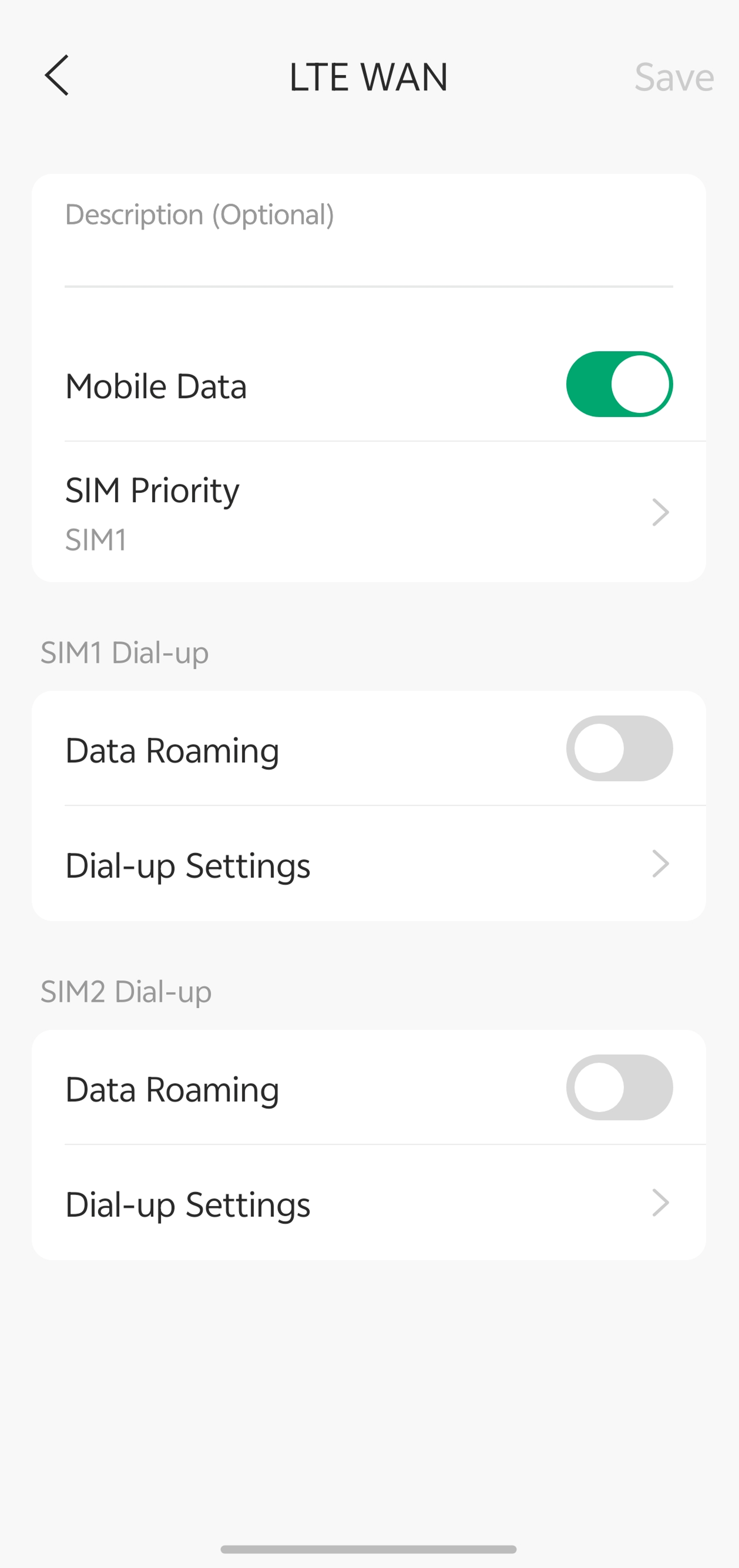 Figure 1. LTE WAN settings page showing Mobile Data, SIM Priority, Data Roaming, and Dial-up Settings