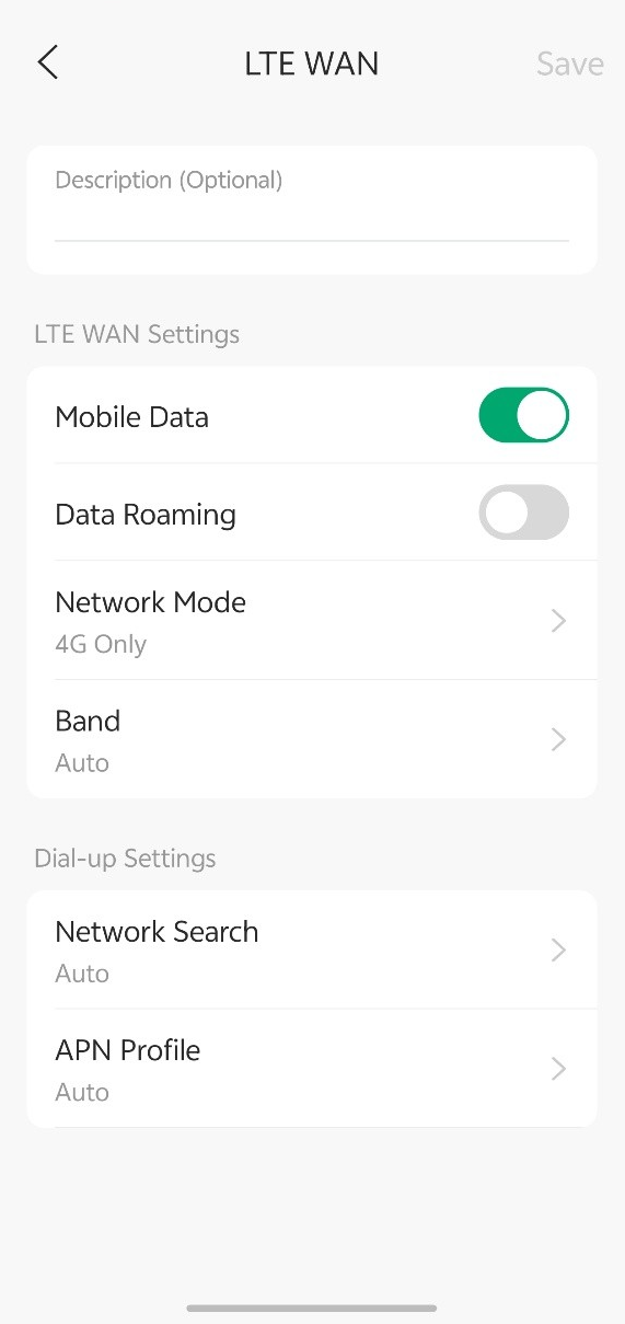 Figure 2. LTE WAN settings page showing Mobile Data, SIM Priority, Data Roaming, and Dial-up Settings.