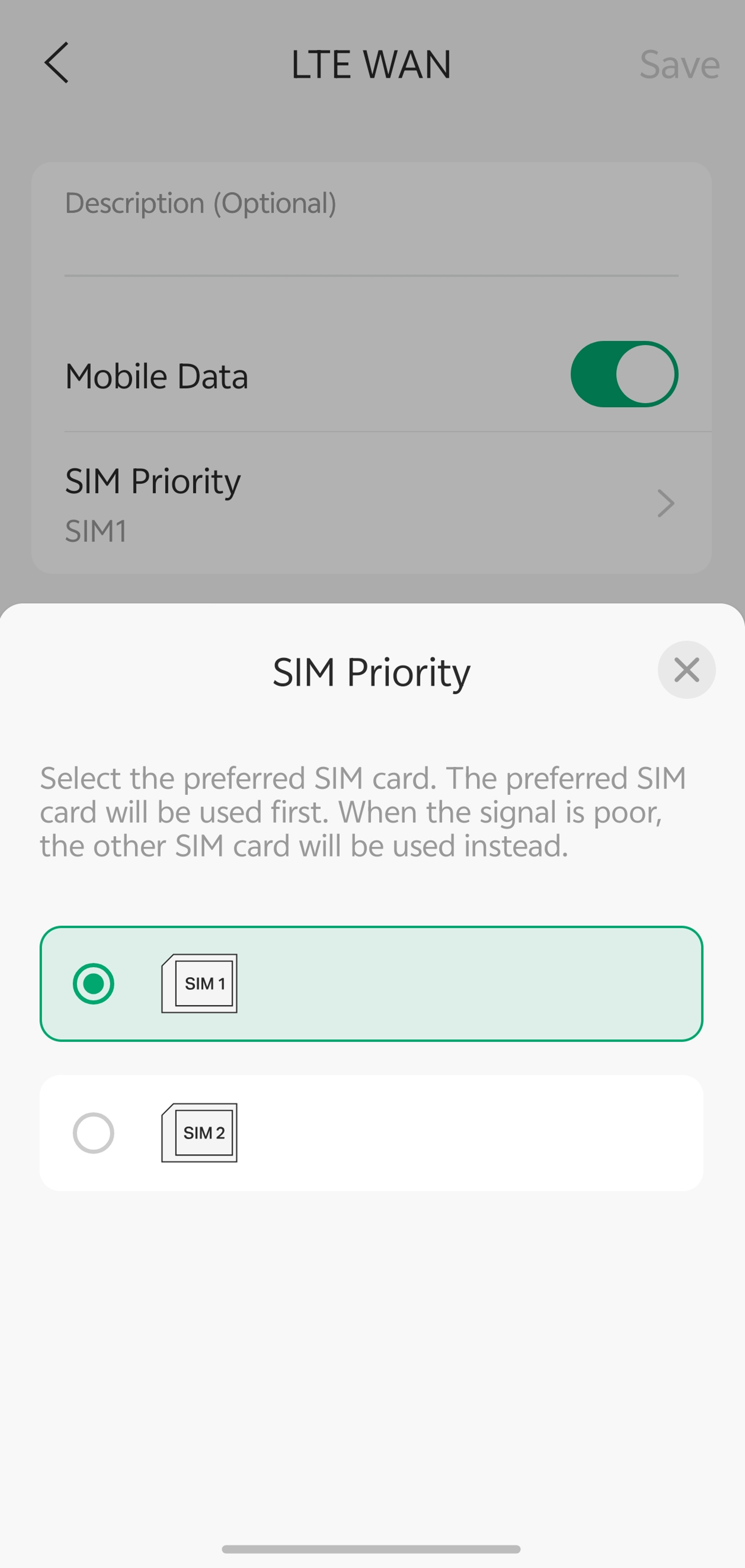 SIM Priority menu for selecting the preferred SIM card on an LTE WAN interface.