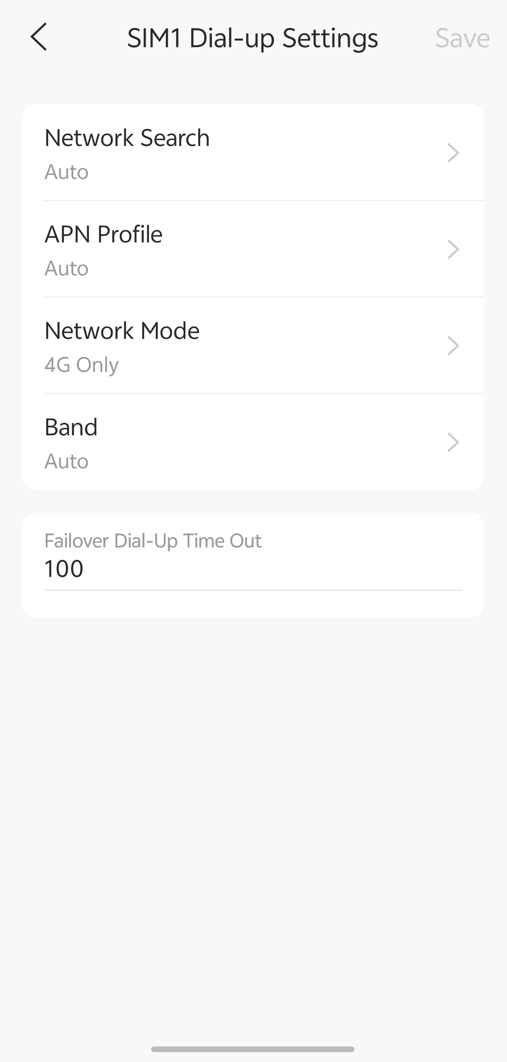 LTE Dial-up Settings page showing APN profile, network mode, band, and failover options.