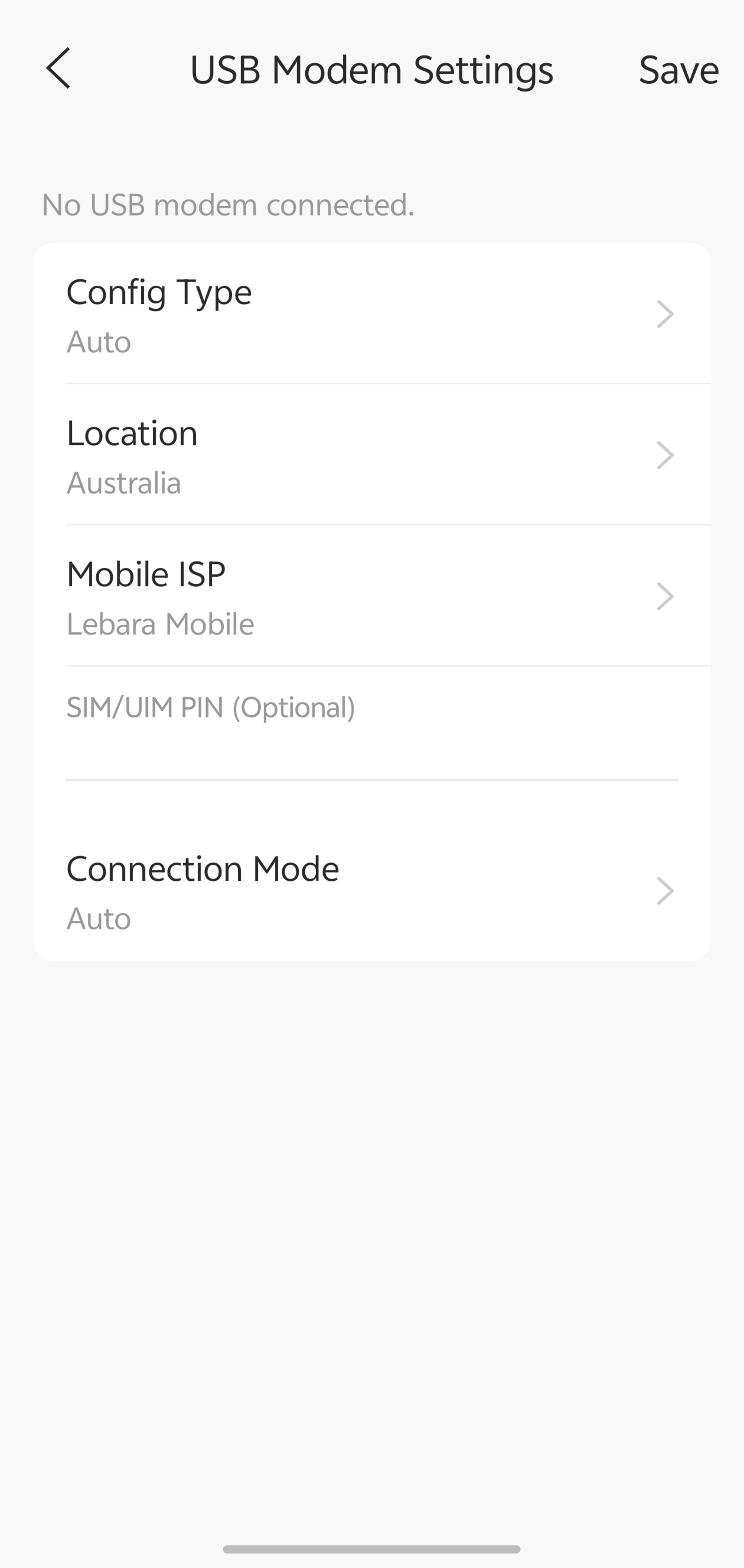USB Modem WAN interface settings page ready for modem configuration.