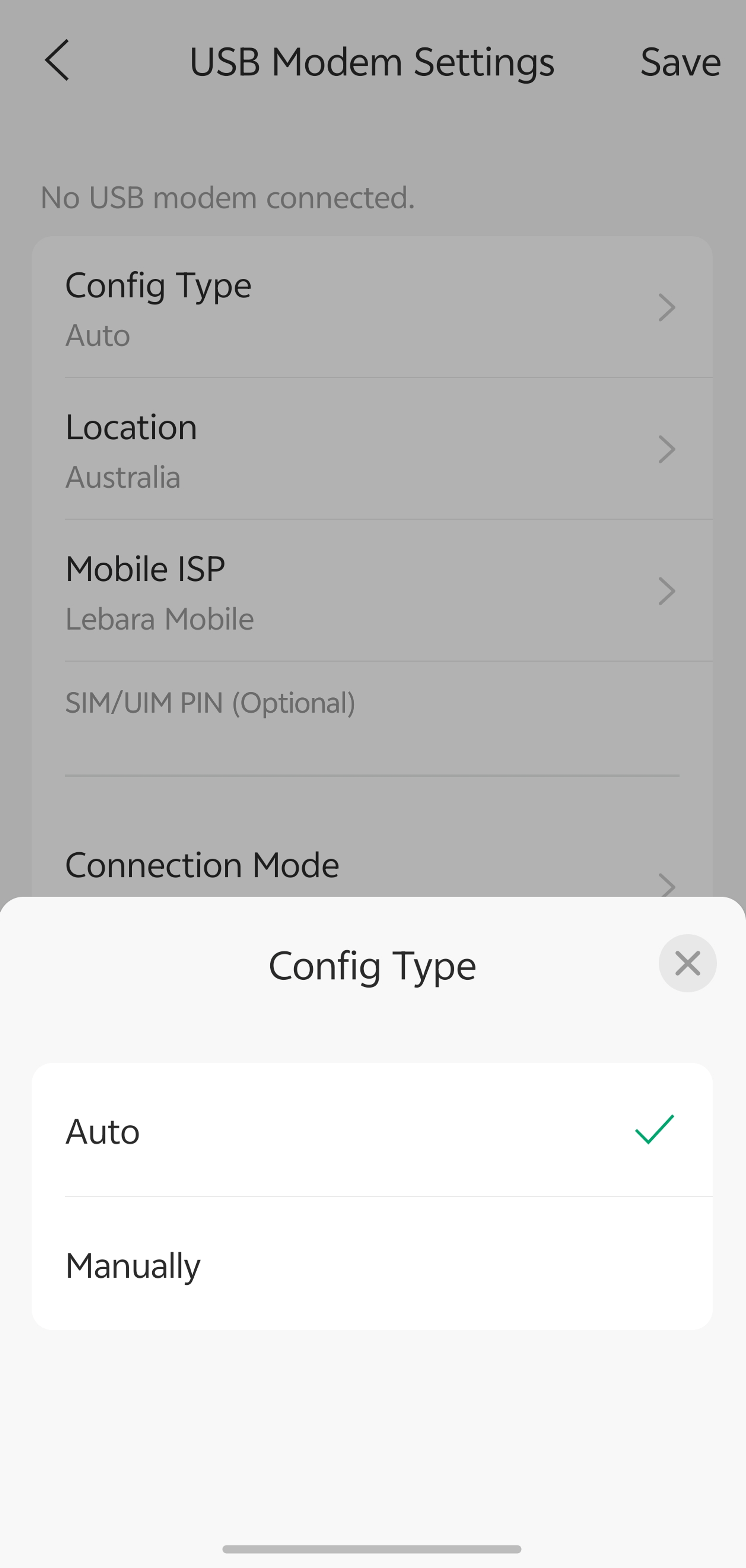 USB Modem Config Type menu with Auto and Manual configuration options.