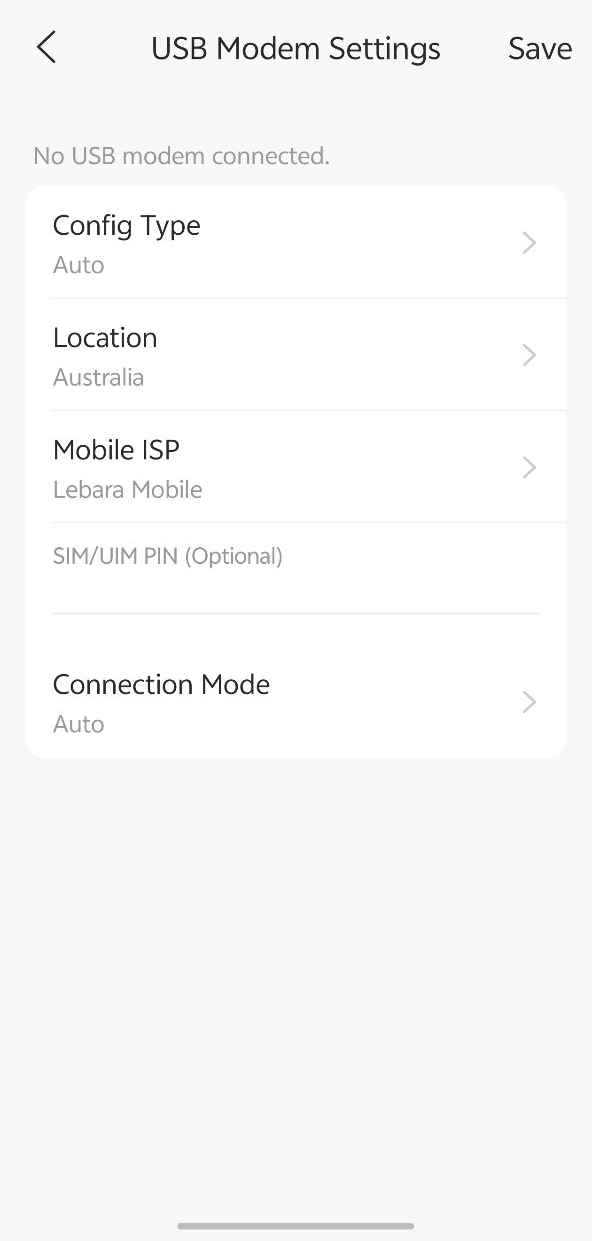 USB Modem Auto configuration page showing Location, Mobile ISP, SIM/UIM PIN, and Connection Mode settings.