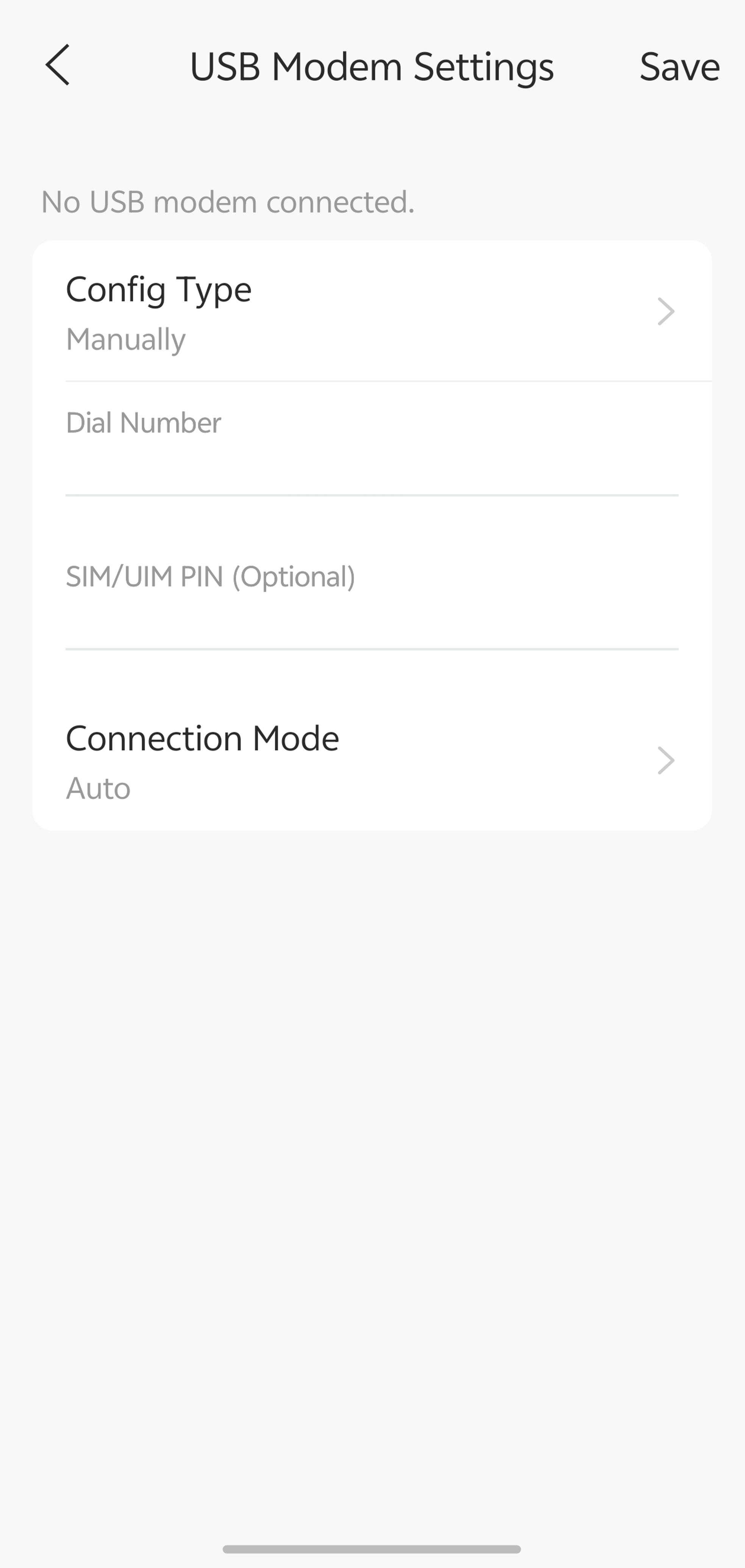 USB Modem manual configuration page showing dial number and connection parameters.