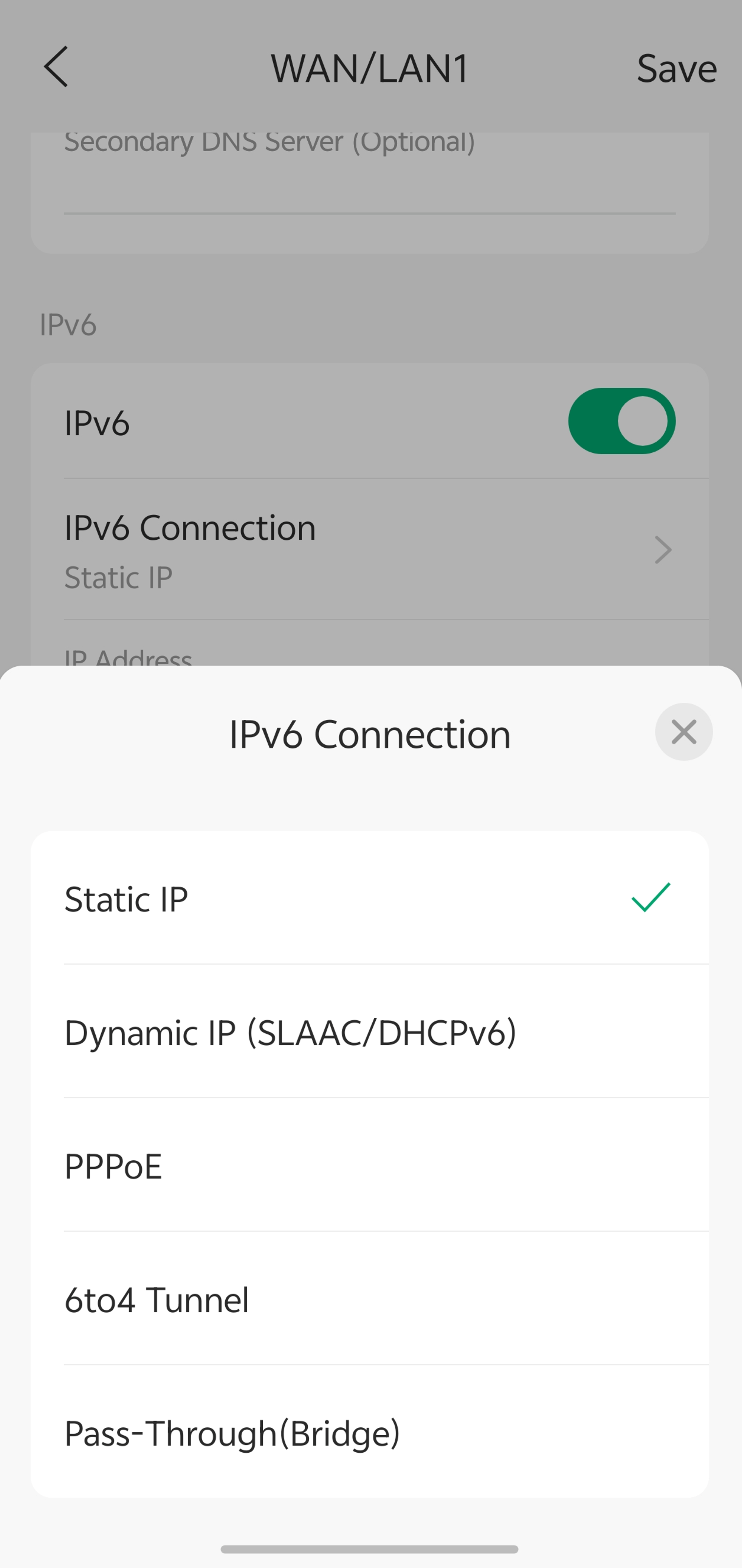 IPv6 Connection menu showing Static IP, Dynamic IP, PPPoE, 6to4 Tunnel, and Pass-Through options.
