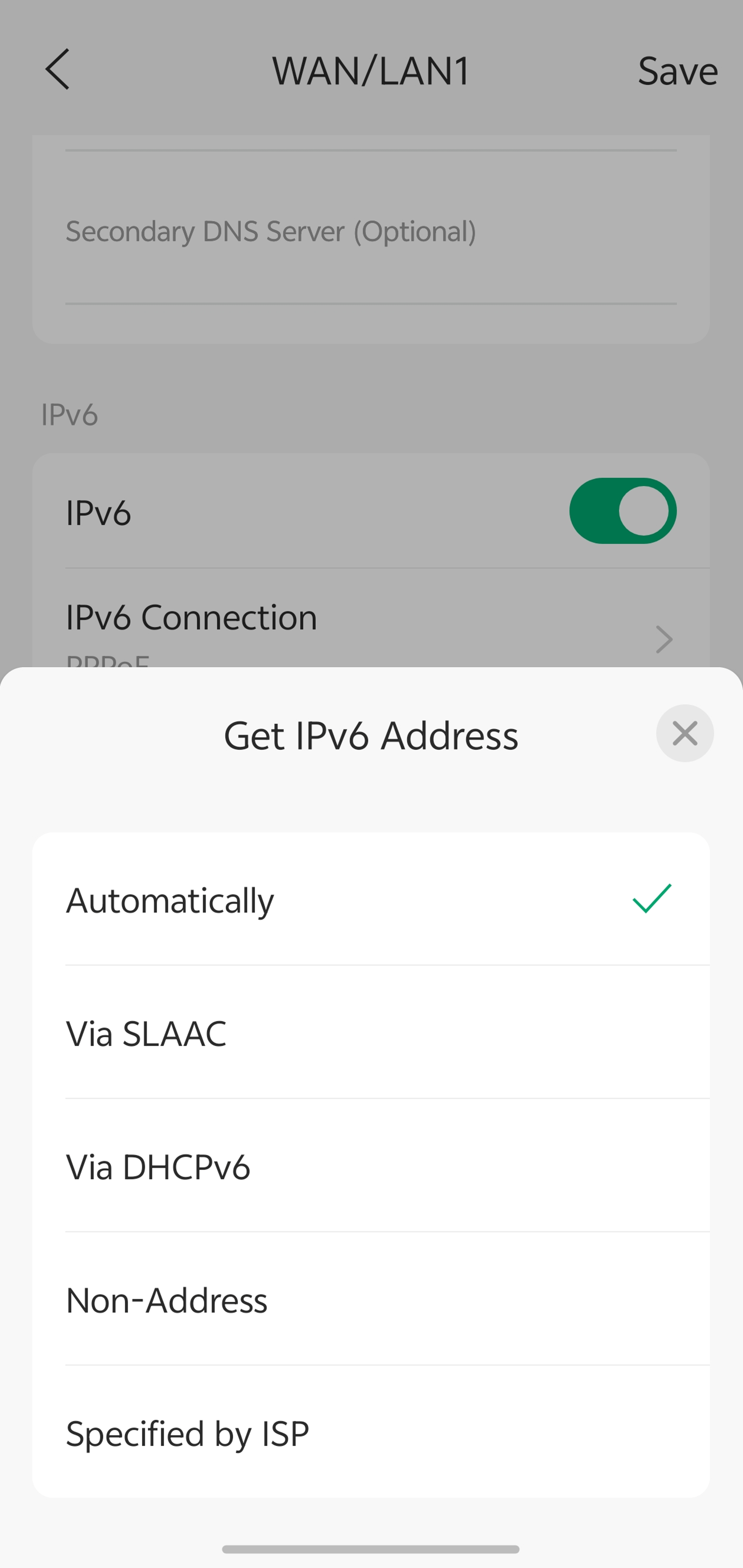 PPPoE IPv6 settings page showing address acquisition method, prefix delegation, and DNS options.