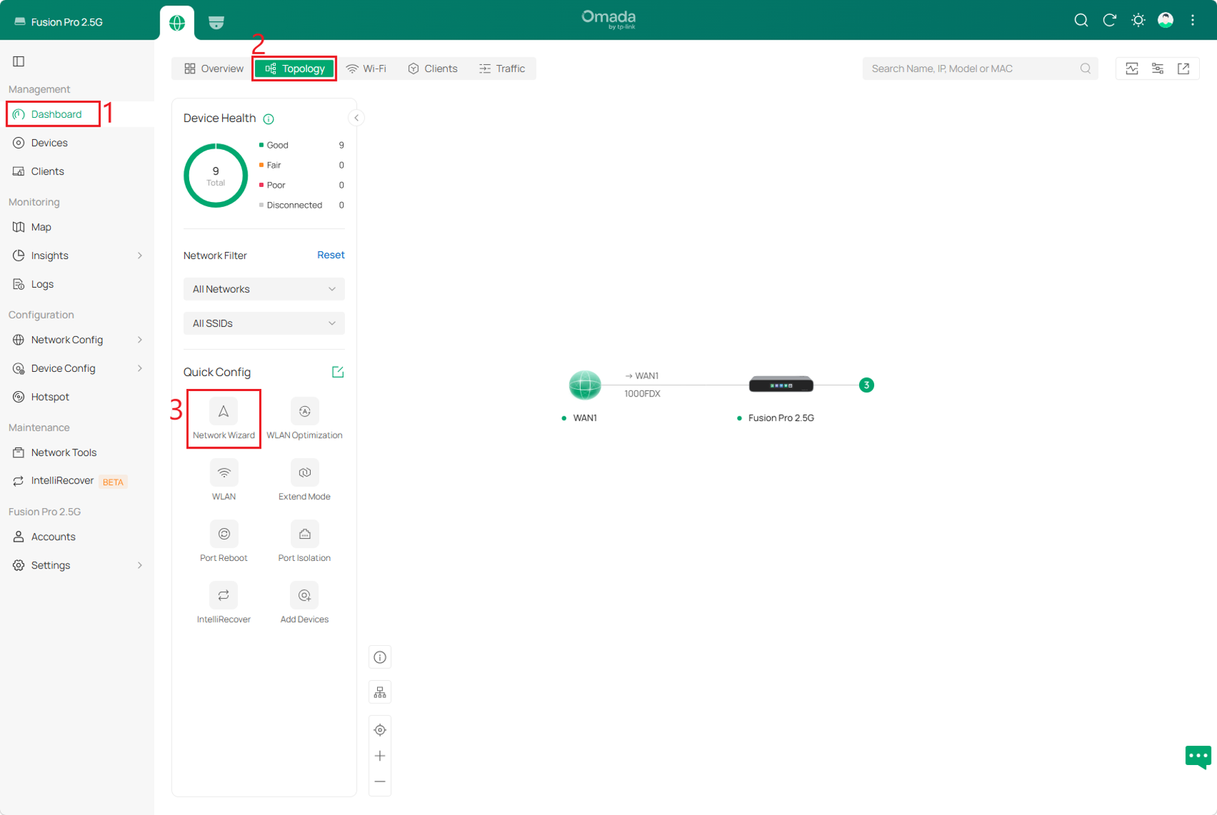 Navigate to Dashboard > Topology and open Network Wizard under Quick Config.