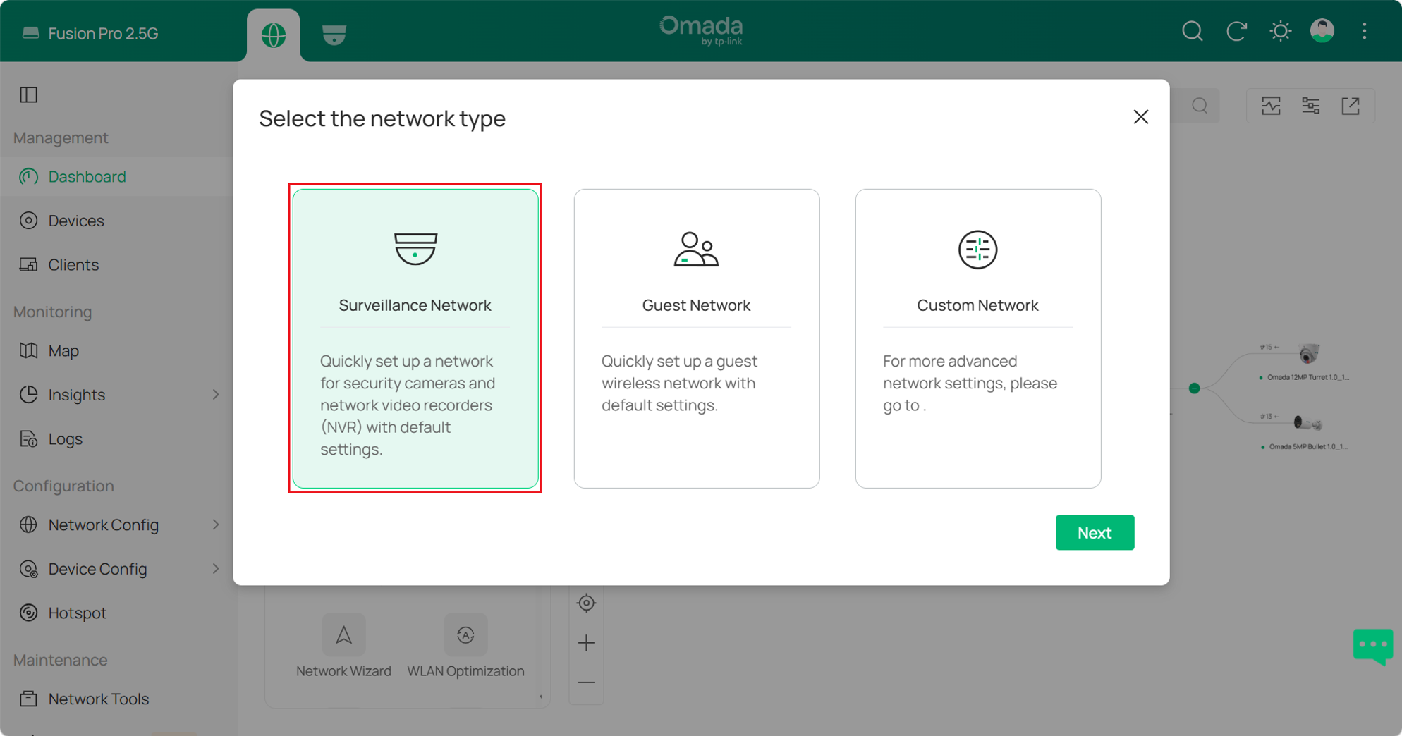 Select Surveillance Network as the network type in the Omada Fusion Pro Network Wizard.