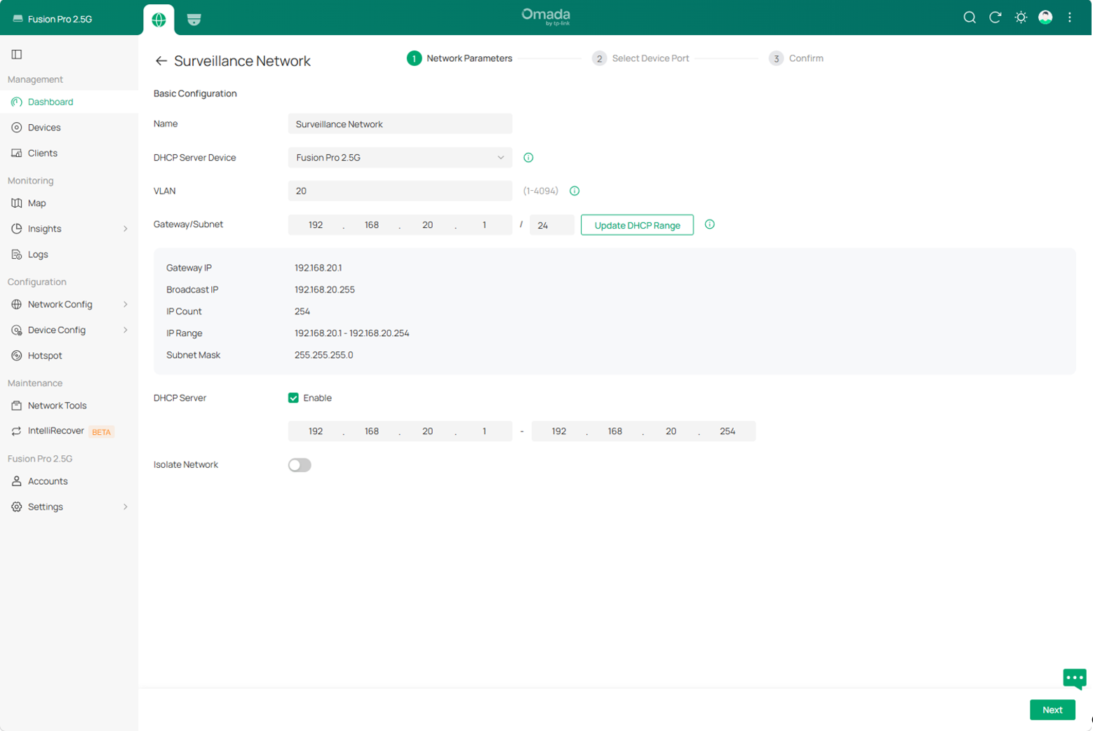 Configure the surveillance VLAN, gateway, subnet, DHCP range, and network isolation settings.