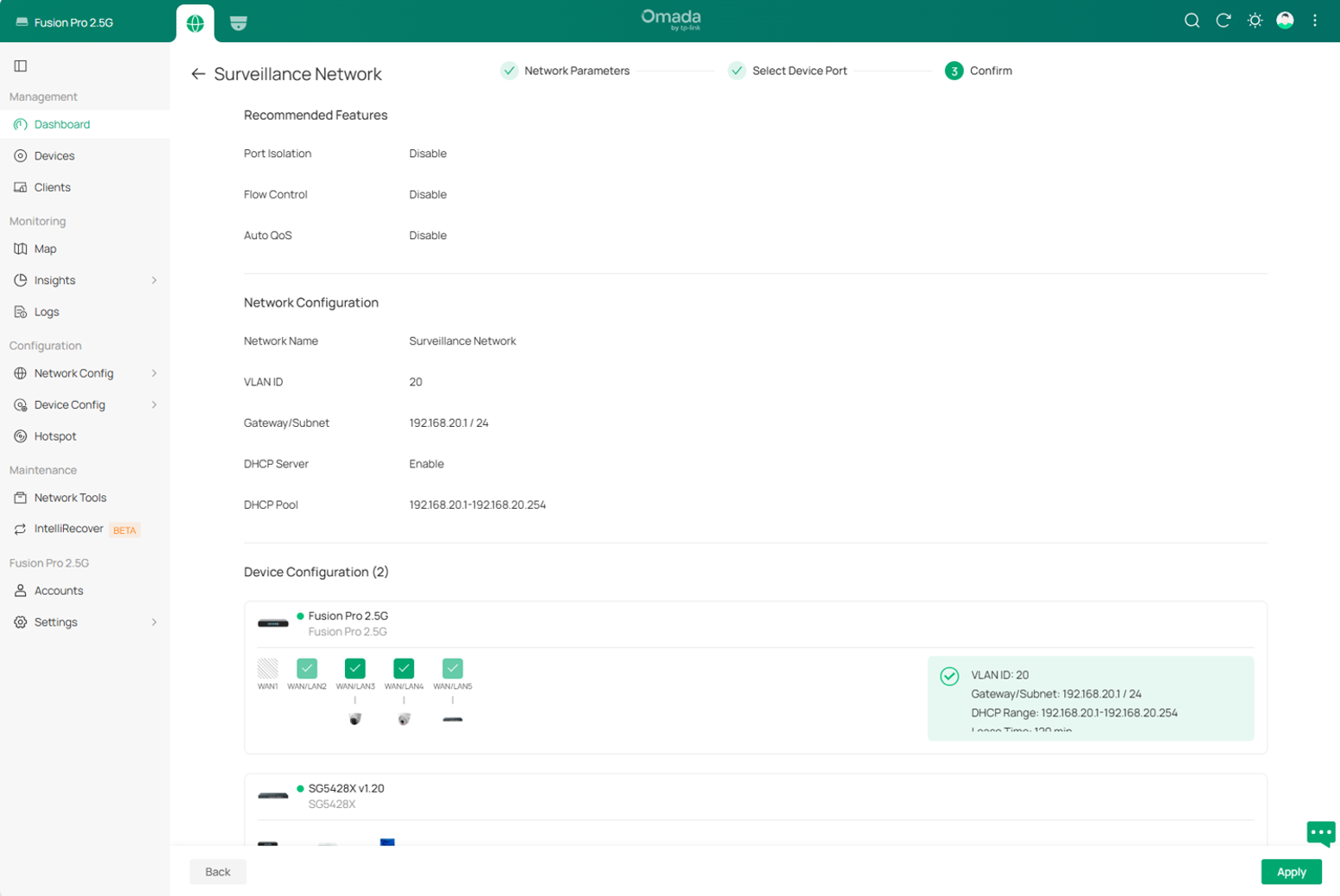 Review the surveillance VLAN settings and affected device ports on the Confirm page.