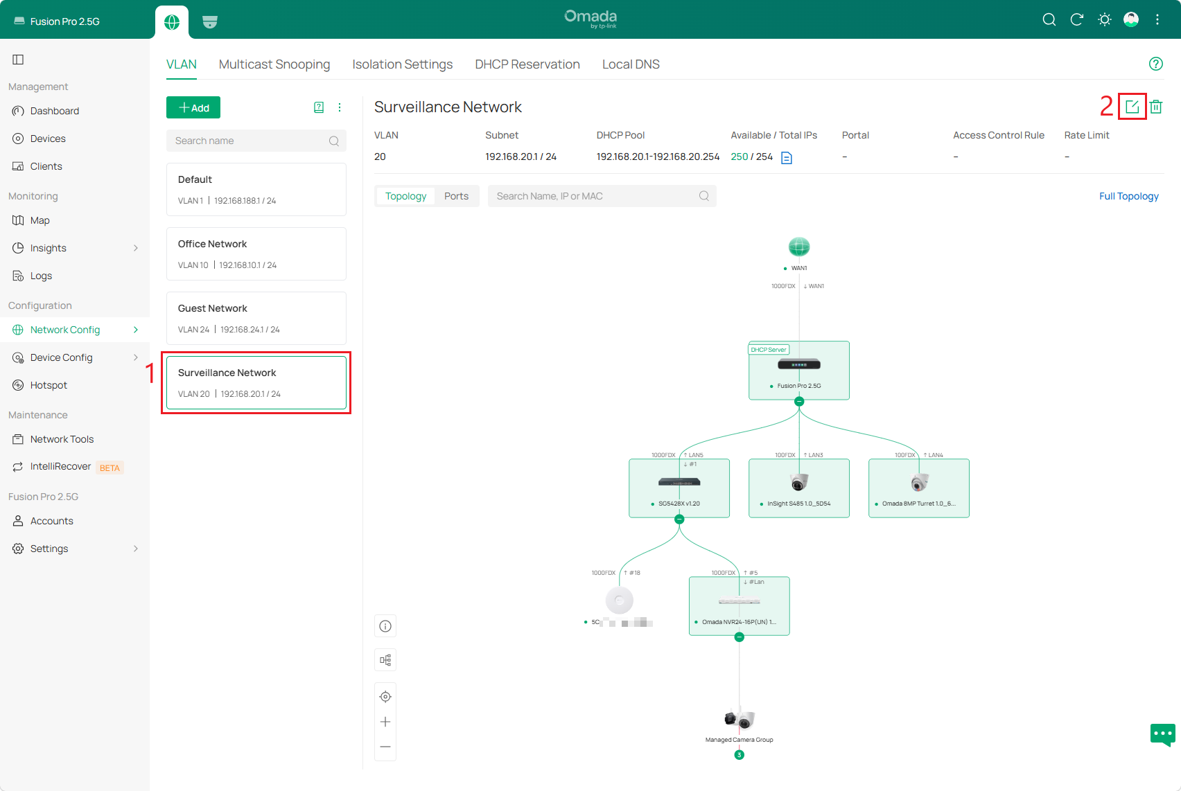 LAN VLAN page showing the selected Surveillance Network and its edit icon.