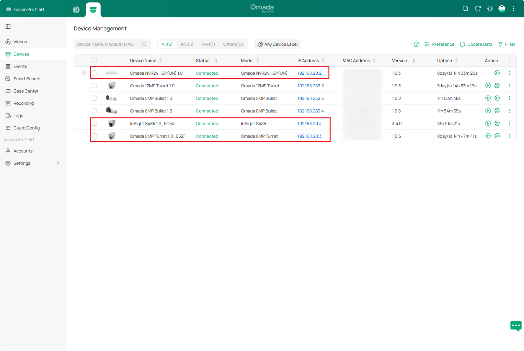 Omada Guard Devices page showing connected NVRs and Cameras with their assigned IP addresses.