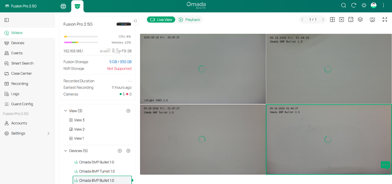 Live View panes remain in the loading state in Omada Guard.